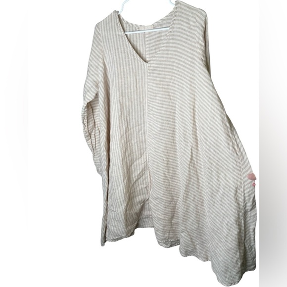 CP Shades Striped 100% Linen Asymmetrical Hem Dress Size Medium White Tan - Picture 3 of 10